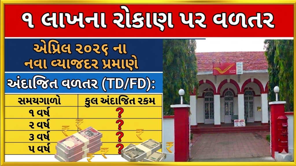 એપ્રિલ 2026 ના નવા વ્યાજદર: પોસ્ટ ઓફિસ ફિક્સ ડિપોઝિટ (TD): ₹1 લાખના રોકાણ પર 1 થી 5 વર્ષમાં કેટલું વળતર મળશે
TD) Rates April 2026: Returns on ₹1 Lakh Investment for 1 to 5 Years